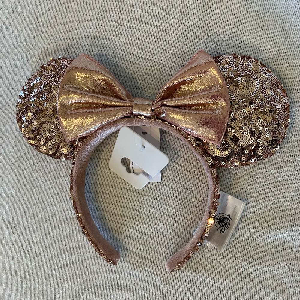 NWT Disney Parks Minnie Mouse Headband Ears Rose Gold Sequin